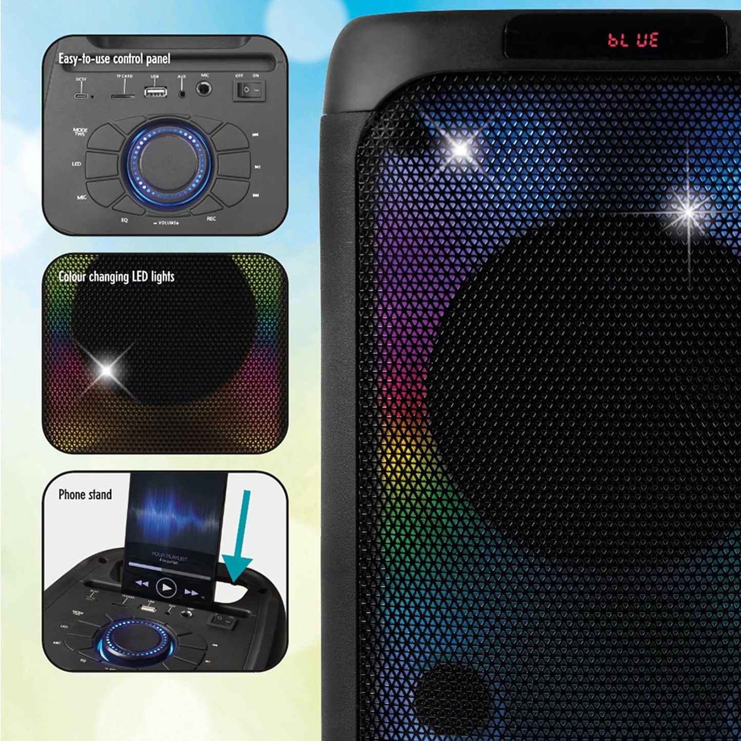 INTEMPO EE7515BLKSTKEU7 Bluetooth Karaoke Lautsprecher - Party-Stereolautsprecher mit Kabelmikrofon, Farbwechsel-LED-Lichter, Telefonhalter, drahtlose bis zu 25 m, einfach zu bedienende Steuerung