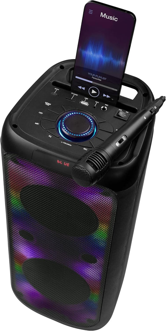 INTEMPO EE7515BLKSTKEU7 Bluetooth Karaoke Lautsprecher - Party-Stereolautsprecher mit Kabelmikrofon, Farbwechsel-LED-Lichter, Telefonhalter, drahtlose bis zu 25 m, einfach zu bedienende Steuerung