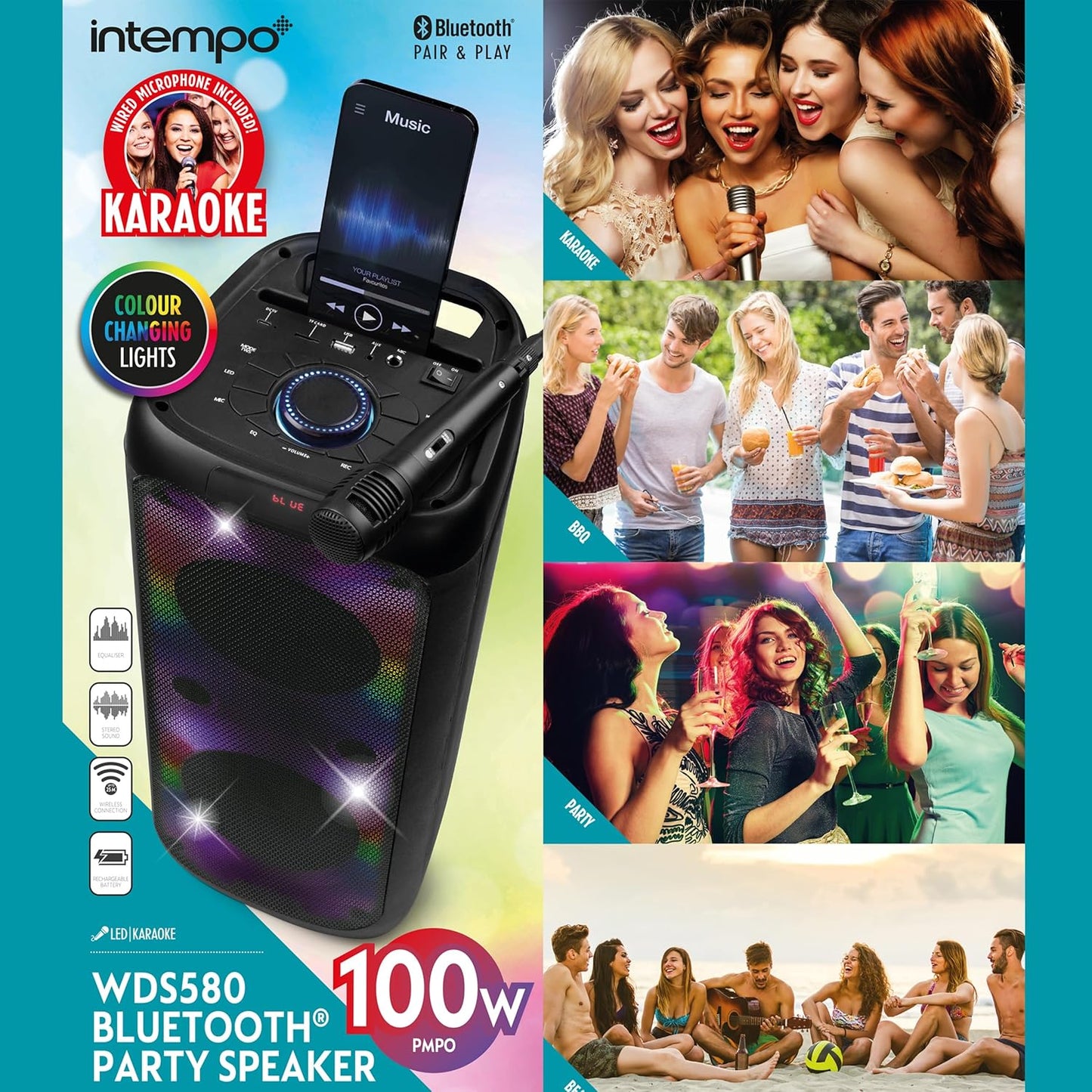 INTEMPO EE7515BLKSTKEU7 Bluetooth Karaoke Lautsprecher - Party-Stereolautsprecher mit Kabelmikrofon, Farbwechsel-LED-Lichter, Telefonhalter, drahtlose bis zu 25 m, einfach zu bedienende Steuerung