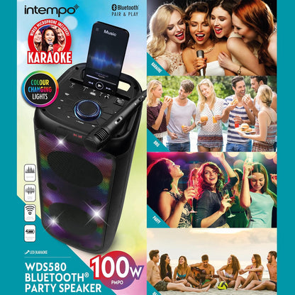 INTEMPO EE7515BLKSTKEU7 Bluetooth Karaoke Lautsprecher - Party-Stereolautsprecher mit Kabelmikrofon, Farbwechsel-LED-Lichter, Telefonhalter, drahtlose bis zu 25 m, einfach zu bedienende Steuerung